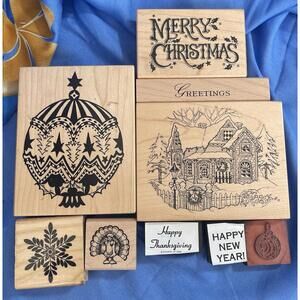 Vintage Wooden/other Stamps  For Scrapbooking/card Making Lot Of 10. Holiday